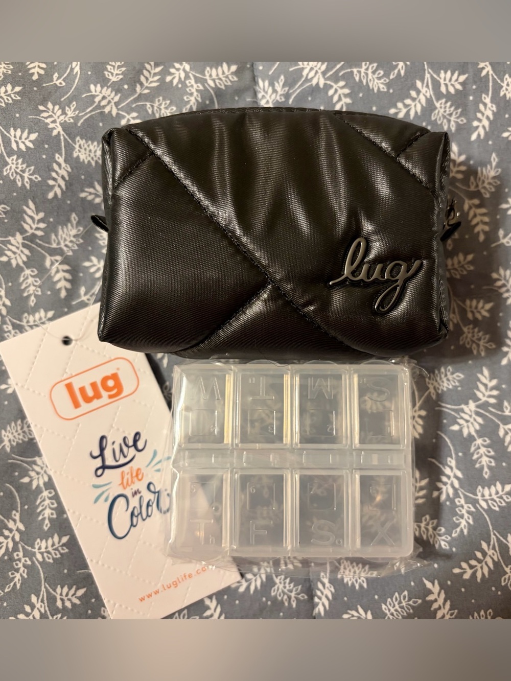 Lug Black Quilted Accessory Pouch with Clear Weekly Pill Organizer